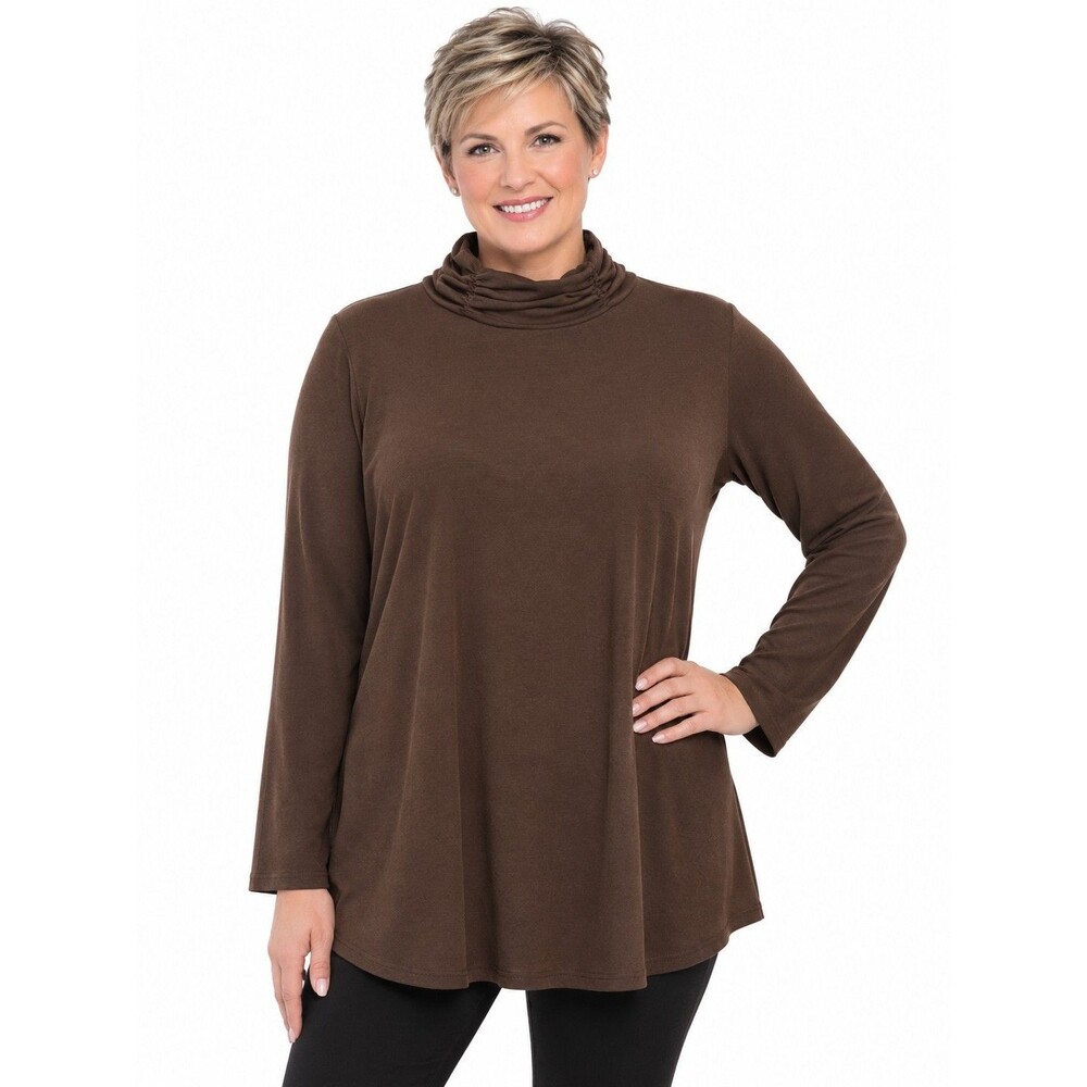 Susan Graver Womens Tunic Top 2X Brown Ruched Neck LIQUID KNIT Boho Long Slv